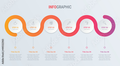 Red timeline infographic design vector. 6 options, circle workflow layout. Vector infographic timeline template. 