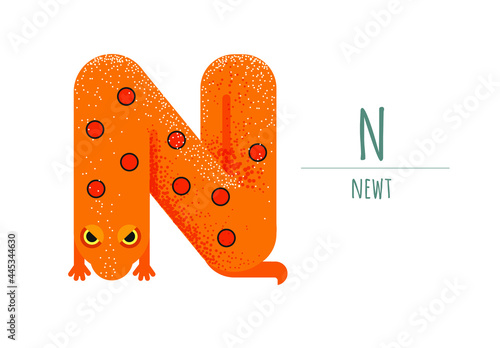 orange newt in the form of a letter - N..children's alphabet. poster, postcard.