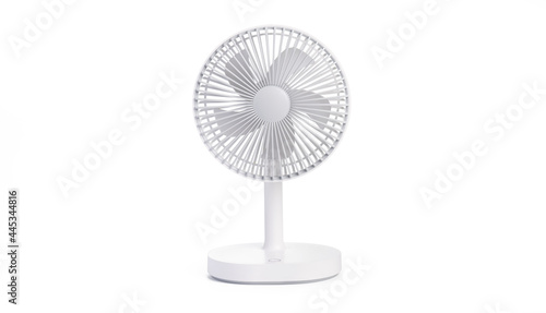 Battery powered white table fan isolated on white background with clipping path. portable battery fan