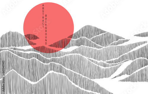 minimalist lines landscape background in asian style in black colours with red circle on background