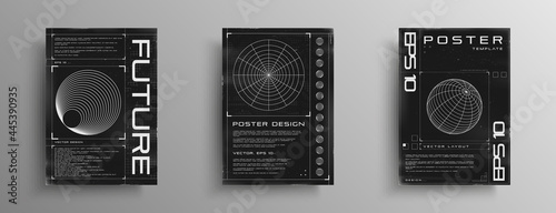 Set of retrofuturistic posters with HUD elements, radial figure, polar grid, and wireframe 3d sphere. Black and white retro cyberpunk style poster cover design. Vector