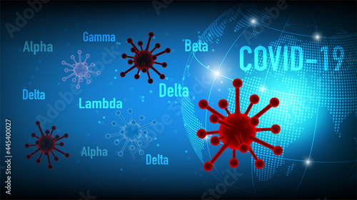 Coronavirus covid-19 Beta, Delta, Alpha, Gamma, Lampda variant with blue background. Mutated coronavirus SARS-CoV-2 flu disease pandemic around the world