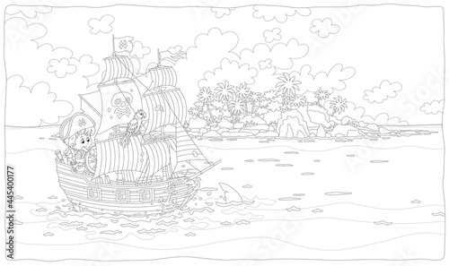 Little boy pirate steering a toy sea sailing ship with guns and a black flag of Jolly Roger with bones on a main mast, black and white outline vector cartoon illustration for a coloring book page