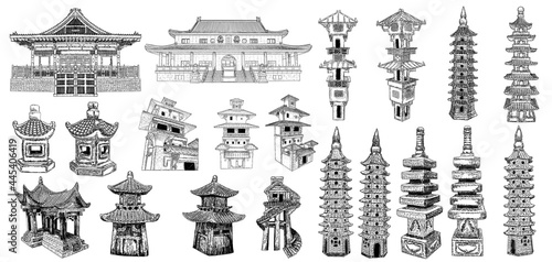 Temple or Buddhist monastery shrine architecture. Chinese and Japanese pagoda and watch towers. Japan street lamp Toro. Tree house for jungles. Set of religious Asian architecture. Vector.