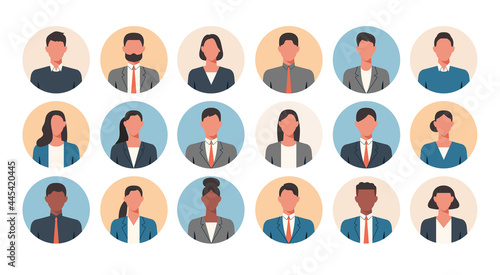 People portraits of faceless businessmen and businesswomen, men and women face avatars isolated at round icons set, vector flat illustration