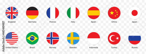 National flags icons vector, main flag languages set. UK, Germany, USA, Russia, China,France… Isolated circle buttons on white background. Website language choice symbols. Vector UI flag design.