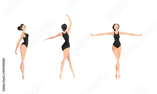Girl Ballet Dancer Performing in Black Leotard Set, Beautiful Young Woman Performing Art Gymnastics Exercises Cartoon Vector Illustration