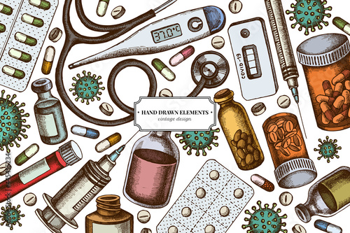 Colored elements design with vial of blood, pills and medicines, medical thermometer, coronavirus rapid test, coronavirus bacteria cell, stethoscope, syringe, vaccine