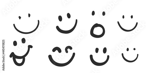 Happy doodle smiley collection isolated on white background. Simple faces. Cute icon set. Vector Illustration.