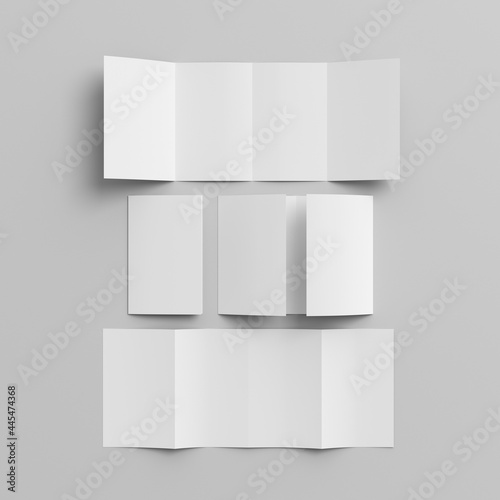 Vertical double gate fold brochure. Four panels, eight pages blank leaflet. Mock up on white background for presentation design. Folded, semi-folded, front and back side.