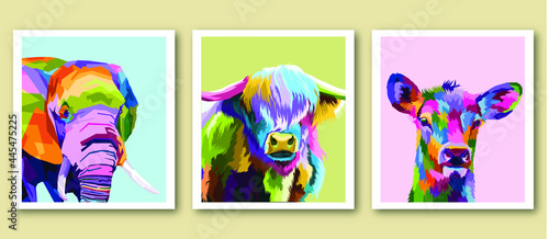 colorful animal wildlife pop art portrait in frame isolated decoration poster design 