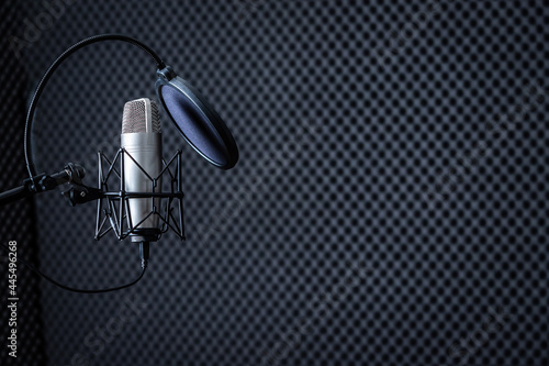 Professional Microphone in Recording Studio with blank copy space background