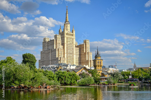 Lake view of the Stalin skyscraper building on Barrikadnaya Square