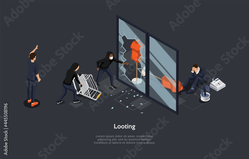 Isometric Composition On Dark Background. Vector 3D Illustration In Cartoon Style. Looting, Robbery Concept. Character Sitting Crying. Group Of Agressive People Crashing Store Windows. Theft Process
