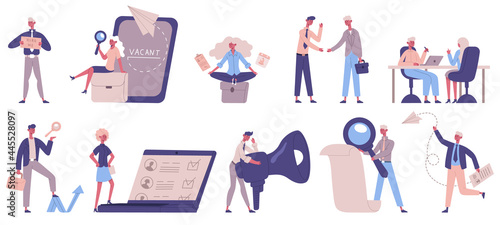 Headhunting service. Recruitment, HR managers, vacancies and employer characters, people hiring vector illustration set. Job seekers and staff recruitment