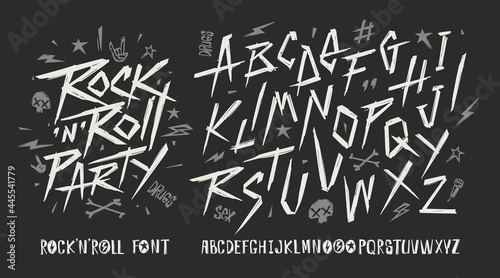 Rock n roll vintage sign and grunge style font alphabet vector template. Set of Rock n roll doodle style symbols collection for print stump tee and poster design. Rock music type font
