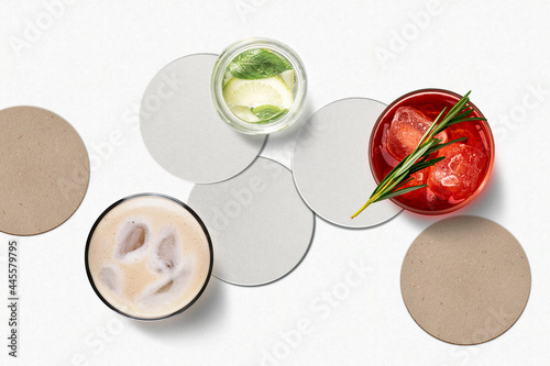 White round Drink Coasters Mockup. Top view. 3D Illustration