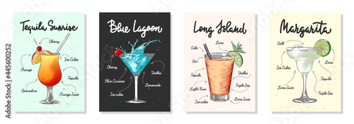 Set of 4 advertising recipe lists with alcoholic drinks, cocktails and beverages lettering posters, wall decoration, prints, menu design. Hand drawn typography with sketches. Handwritten calligraphy.