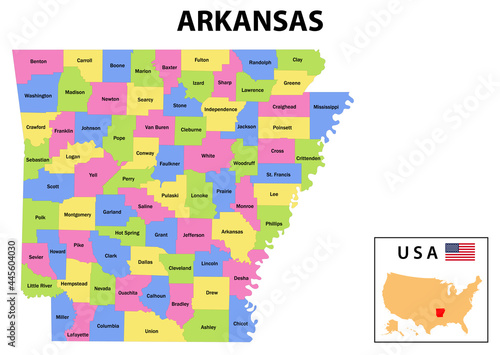 Arkansas Map. State and district map of Arkansas. Administrative and political map of Arkansas with names and color design.