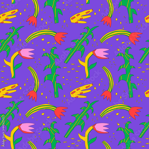 seamless tropical purple pattern.cartoon hippie careless flowers.funky childish style of the 60s and 70s.summer fresh trend textiles.organic green wallpaper.hand drawn bizarre leaves with outline.