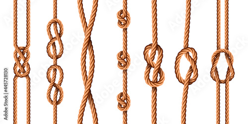 Nautical knots. Realistic ropes with sailor or scout knot types. Tied marine jute cords with loops. Bended cartoon hemp threads vector set