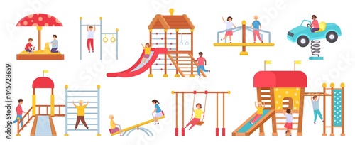 Children at playground equipment. Boys and girls playing in play house. Kids on swings, slide, carousel and sandbox. Kindergarten vector set