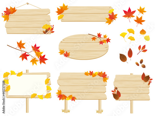 秋の植物と木の看板のフレームセット Autumn Plants and Signs Vector Art