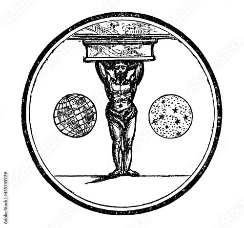 Atlas god symbol greek mythology Illustration Victorian era. Illustration published in 1834 now out of copyright, public domain