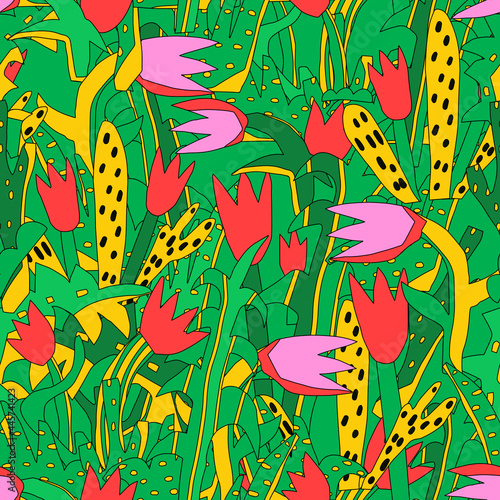 seamless tropical pattern.cartoon hippie careless flowers.funky childish style of the 60s and 70s.summer fresh trend textiles.organic green wallpaper.hand drawn bizarre leaves with outline.