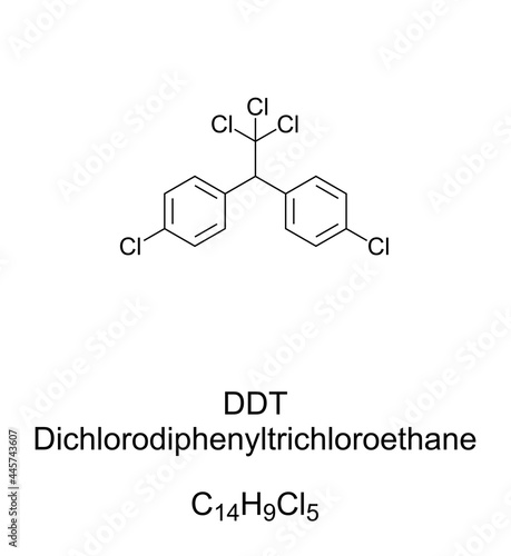 DDT, chemical formula. Dichlorodiphenyltrichloroethane or clofenotane, a chemical compound and insecticide to limit the spread of malaria and typhus, became infamous for its bad environmental impacts.