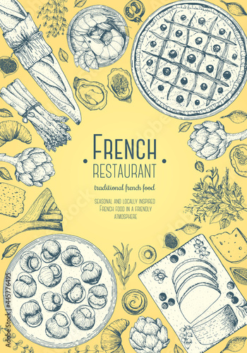 French cuisine top view frame. A set of classic French dishes with escargot, foie gras, bakery, pissaladier, shrimps. Food menu design template. Hand drawn sketch vector illustration.
