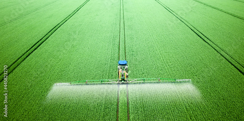 Application of water-soluble fertilizers, pesticides or herbicides in the field. View from the drone.