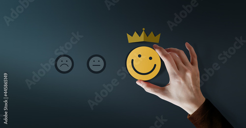 Customer Loyalty Concept. Client Experiences. Happy Customer giving Positive Services Rating for Satisfaction present by Smiling Face and Crown