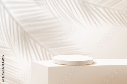 A minimalistic stage with a cylindrical podium and a shade of a palm tree in brown tones.