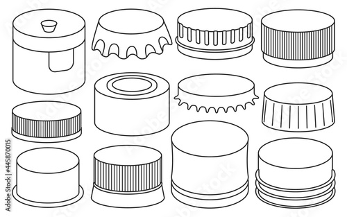 Bottle caps isolated outline set icon. outline set icon lid of cover . Vector illustration bottle caps on white background.