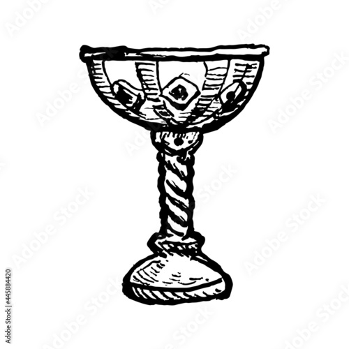 Etched vector illustration. Art work. Hand drawn ink sketch of antique bowl for Royal ceremonies. Metal vintage Cup for wine on ornate leg. Sacred graal. Medieval nobility symbol.