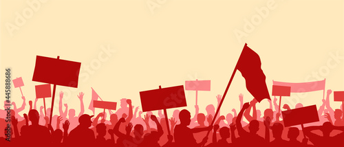 A crowd of people with raised hands and flags. Political revolution. Protest against injustice. LGBT protest. Panoramic landscape with people. Stock vector illustration. EPS 10.