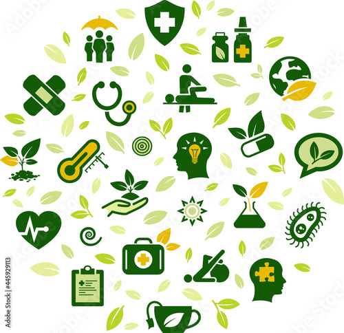 Alternative, natural or herbal medicine vector illustration. Green concept with icons related to natural medical therapy, herbal remedy or healing, organic therapeutics, ecological ingredients.