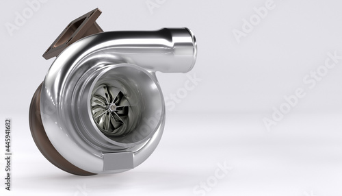 Modern Realistic 3D Rendered Turbocharger Off Center over White Background