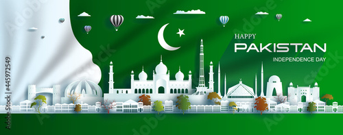 Illustration Anniversary celebration pakistan day with green flag background.