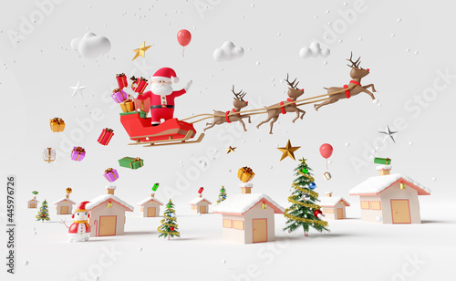 Santa Claus rides reindeer sleigh with house, gift box,snow,christmas tree isolated on white background.website or poster or Happiness cards,banner and festive New Year, 3d illustration or 3d render