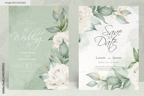 watercolor wedding invitation template with arrangement flower and leaves