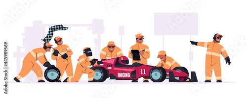 Racing crew. Cartoon pit stop team in uniform working on race car. Mechanic workers changing wheels of bolide. Maintenance technicians and engineers. Automobile repair. Vector illustration