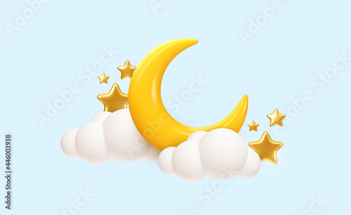 Crescent moon, golden stars and white clouds 3d style isolated on blue background. Dream, lullaby, dreams background design for banner, booklet, poster. Vector illustration