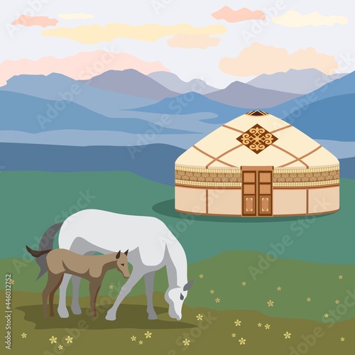 Vector illustration. Horse and foal, on the background of a mountain landscape and a yurt