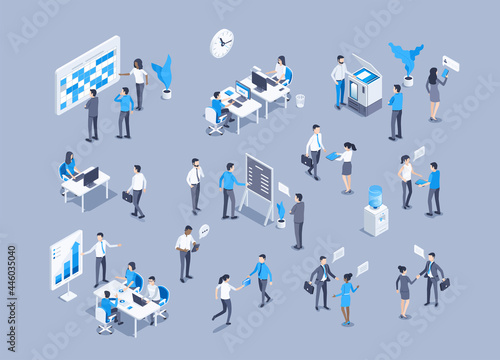 isometric vector illustration on gray background, office workers in different situations, teamwork and collaboration