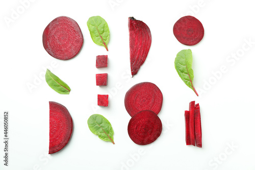 Chopped ripe red beet on white background