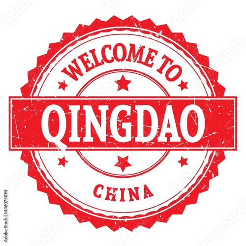 WELCOME TO QINGDAO - CHINA, words written on red stamp