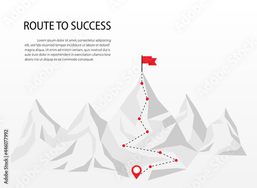 business route to the top of mountain. road to success. Mountain climbing with red flag on peak. vector illustration modern design. Business and goals concept