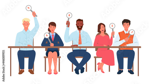 Contest judges, people committee judging vector illustration. Cartoon diverse jury man woman characters with sign card board scorecards vote and show score, sitting at table together